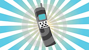 Retro mobile phone old vintage hipster for geeks from 70s, 80s, 90s on blue rays background. Video in high quality 4k, motion