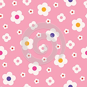 Retro Mod Style Simple Cream Daisy Flowers on Pink Background Vector Seamless Pattern. Clean Abstract Floral Print