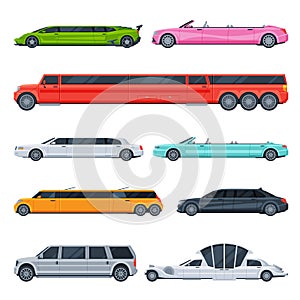 Retro and Modern Limousine Cars Collection, Elegant Premium Luxurious Limo Vehicles, Side View Flat Vector Illustration