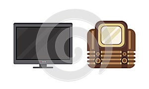 Retro and Modern Television Set, Analogue and Digital TV Flat Vector Illustration