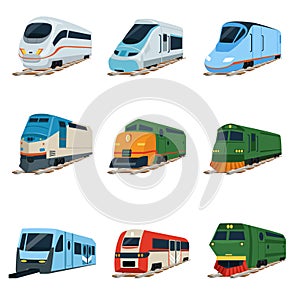 Retro and modern trains locomotive set, railway carriage vector Illustrations