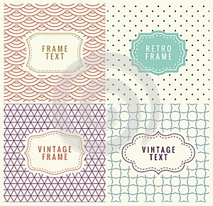 Retro Mono Line Frames with place for Text. Vector Design Template, Labels, Badges on Seamless Geometric Patterns