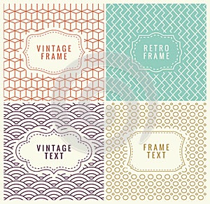 Retro Mono Line Frames with place for Text. Vector Design Template, Labels, Badges on Seamless Geometric Patterns