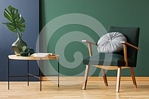 Retro moss green armchair with round, silver pillow next to wooden coffee table with leaf in glass vase, copy space on empty wall
