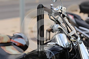 retro motorcycles parked on the motorcycles parking lot. Meetingof bikers before a join trip through the city street