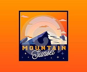 Retro mountain badge with sunset. Vector vintage styled outdoor wilderness badge