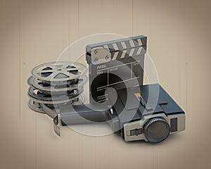 Retro movie camera movie clapper and film reel