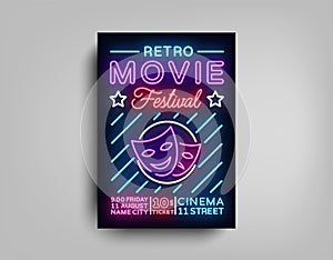 Retro Movie Festival postcard typography design neon template. Brochure in style neon, neon sign, colorful poster