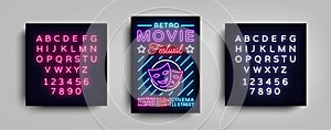 Retro Movie Festival postcard typography design neon template. Brochure style neon, neon sign, poster, banner, night