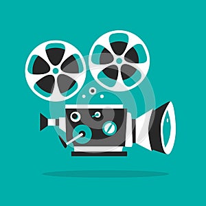 Retro movie projector poster. Cartoon vector illustration. Cinema motion picture