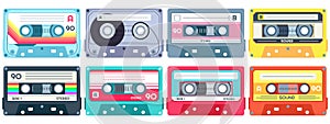 Retro music cassette. Stereo DJ tape, vintage 90s cassettes tapes and audio tape vector set