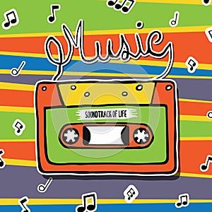 Retro music cassette tape cartoon illustration