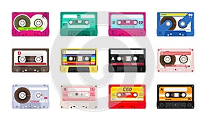 Retro music cassettes. Realistic old school sound record technology. 90s and 80s party and entertainment. Audio