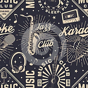 Retro music club seamless pattern. Background with retro microphone, saxophone, audio cassette, classical acoustic