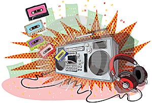 Retro Music Composition with boom-box, headphones and tapes