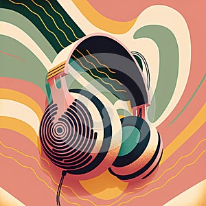 Retro music concept with headphones and abstract background. Vector illustration.