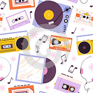 Retro music devices background. Audio cassette, vinyl and record 80s 90s style. Player and headphones, analogue disco