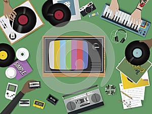 Retro Music Entertainment Media Mixed Icon Illustration Vector