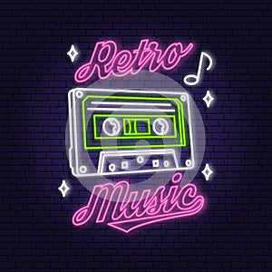 Retro music neon poster, banner. Neon sign, emblem, bright signboard, light banner with retro Audio cassette tape