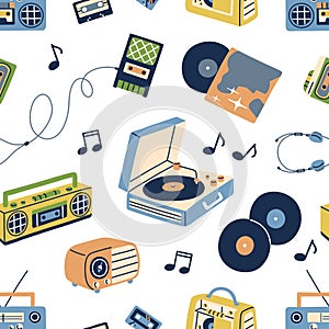 Retro music pattern. Seamless background with old cassettes, boomboxes, turntables, tape recorders and vinyls in 60s and