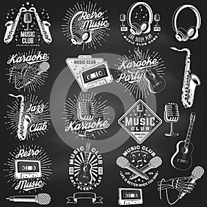 Retro music poster, banner on chalkboard. Retro microphone, saxophone , audio cassette, classical acoustic guitar with