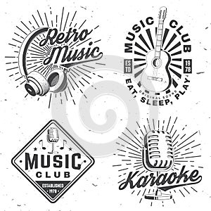 Retro music poster, banner. Retro microphone, headphones, classical acoustic guitar with sunburst vintage typography