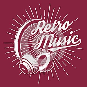 Retro music poster, banner. Retro headphones with sunburst vintage typography design for t shirt, emblem, logo, badge