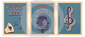 Retro music poster. Set of vintage background with musical notes, microphone, loudspeaker, lettering. Vector illustration for