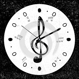 Retro, musical treble clef, notes clock concept, vector