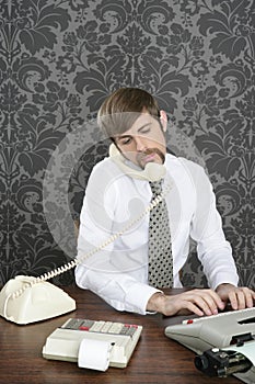 Retro mustache multitask businessman office desk