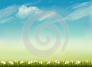 Retro nature background with green grass and sky