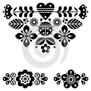 Scandinavian cute folk vector greeting card pattern with ladybird and flowers, black and white spring floral design elements inspi