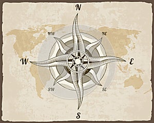 Retro nautical compass. Hand drawn wind rose on map background. Old vector design element for marine theme and heraldry