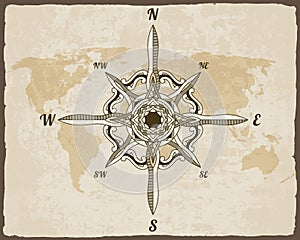 Retro nautical compass. Hand drawn wind rose on map background. Old vector design element for marine theme and heraldry