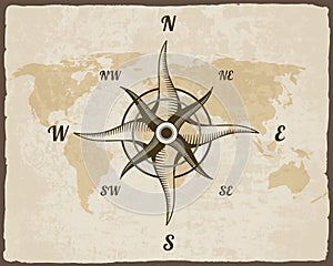 Retro nautical compass. Hand drawn wind rose on map background. Old vector design element for marine theme and heraldry