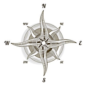 Retro nautical compass. Hand drawn wind rose. Old vector design element for marine theme and heraldry. Vintage rose of