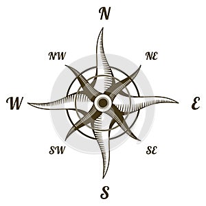 Retro nautical compass. Hand drawn wind rose. Old vector design element for marine theme and heraldry. Vintage rose of