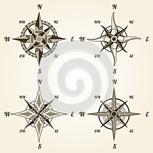 Retro nautical compass set. Hand drawn wind rose. Old vector design element for marine theme and heraldry. Vintage rose