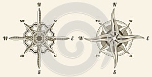 Retro nautical compass set. Hand drawn wind rose. Old vector design element for marine theme and heraldry. Vintage rose