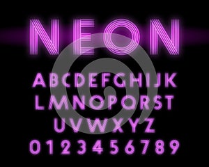 Retro neon alphabet font. Letters and numbers line design