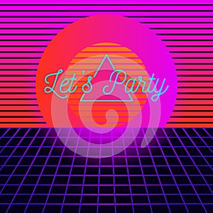 Retro neon background design in trendy bright bold violet, pink, blue and orange colors. 80s style disco party poster