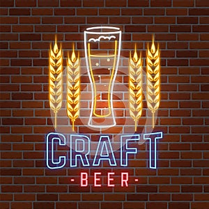 Retro neon Beer Bar sign on brick wall background.
