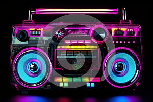 Retro neon boombox music cassete stereo recorder illustration. 80s disco concept