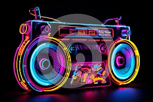 Retro neon boombox music cassete stereo recorder illustration. 80s disco concept