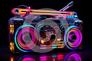 Retro neon boombox music cassette stereo recorder illustration. 80s disco concept