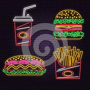 Retro neon burger, cola, hot dog and french fries sign on brick wall background. Design for cafe. Vector. Neon design