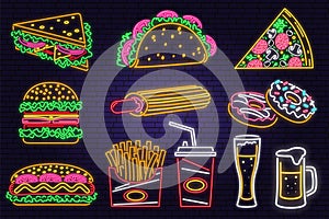 Retro neon burger, cola, popcorn, french fries and fast food sign on brick wall background. Design for cafe Vector. Neon