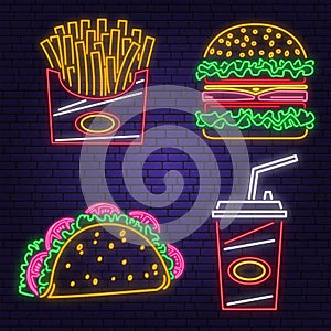 Retro neon burger, cola, taco and french fries sign on brick wall background. Design for cafe. Vector. Neon design for