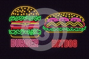 Retro neon burger and hotdog sign on brick wall background. Design for fast food cafe.