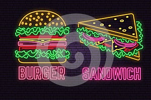 Retro neon burger and sandwich sign on brick wall background. Design for fast food cafe.